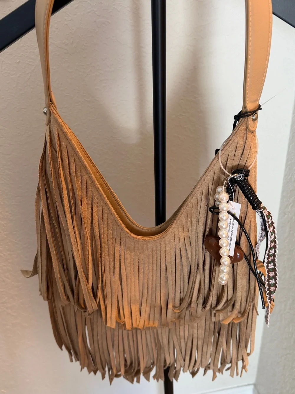 Fringed Suede Shoulder Bag in Tan with Decorative Charms